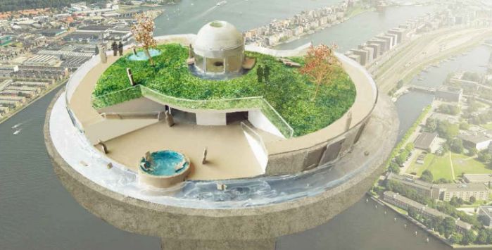 Ontwerp voor 'Freedom Tower' aan het IJ: ronde toren begroeid met planten, door Koen Karst, Bouwkunst-student