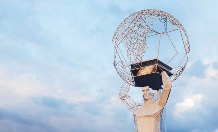 Ontwerp voor Vrijheidsbeeld aan 't IJ door Bouwkunst-student Flavius Ventel: grote gestale van een man, die een transparante bol omhoog houdt