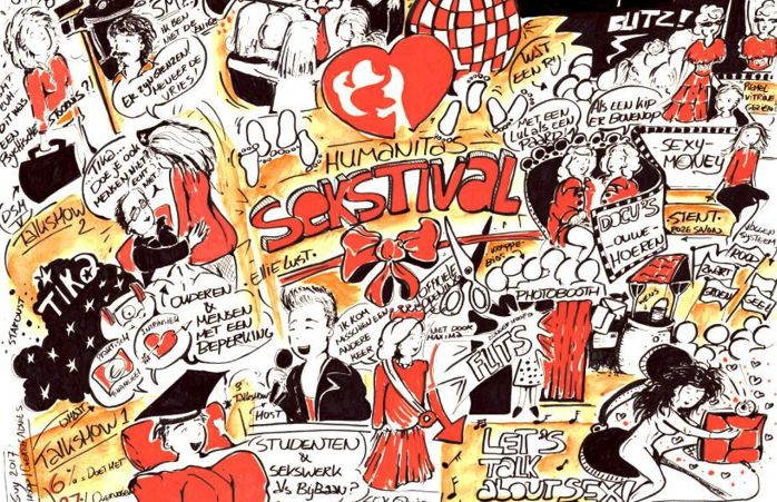 Poster voor het Sekstival: tekeningen en tekstjes om seks bespreekbaar te maken