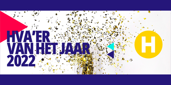 Champagneglas en gouden confetti met de tekst: HvA'er van het Jaar 2022
