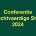 Tekst Conferentie De Rechtvaardige Stad 2024 op groene achtergrond