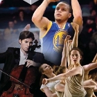 Fotocollage: cellospeler, een basketballer en dansers